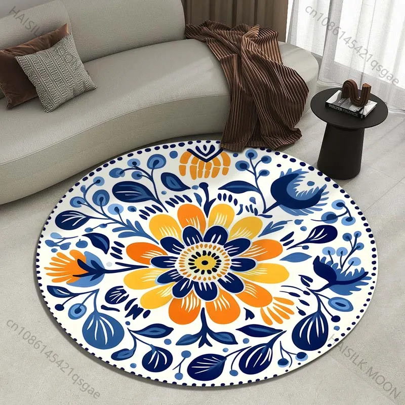 Circular floral decorative pattern in blue and orange Printed round carpet living room sofa table carpet large pet mat