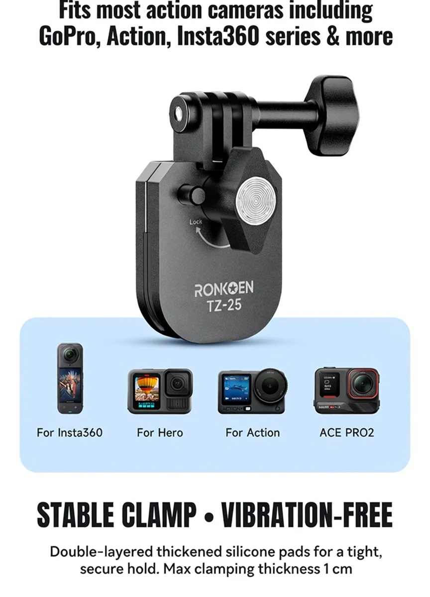 Ronkoen TZ-25 für Insta360 X4 Ace Pro 2 / DJI Action 5 Pro Action6 Kamera Motorrad-Windschutzscheiben-Klemmhalterung aus Aluminiumlegierung – Detail 5