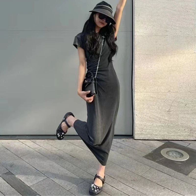 Maxi Solid Dress Women Simple Fashion All-match Casual Sexy Summer Vestidos Korean Style Popular College Temperament Ladies Chic