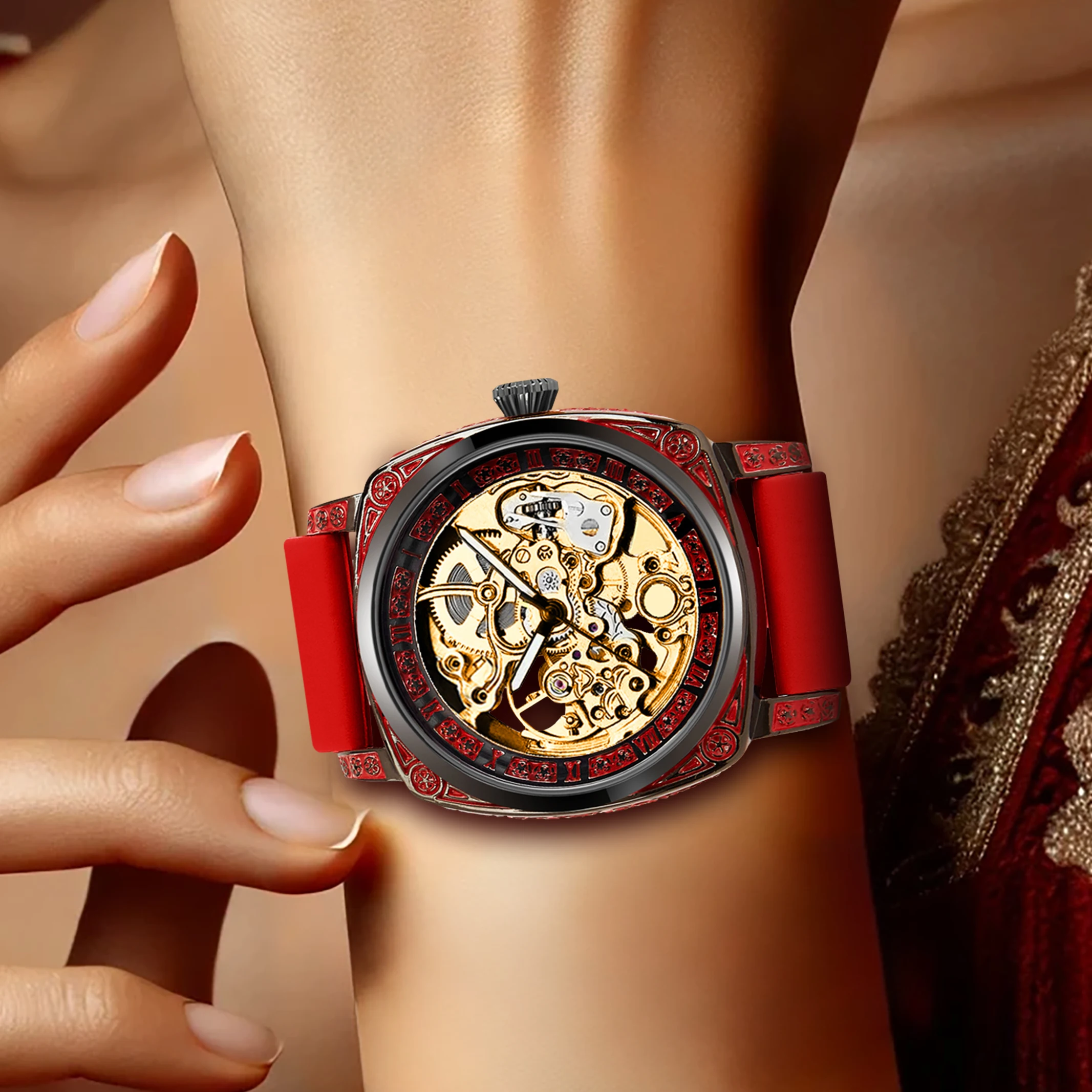 New ladies' watch with golden red tape, casual style, elegant night light, carved flowers, fully automatic mechanical watch
