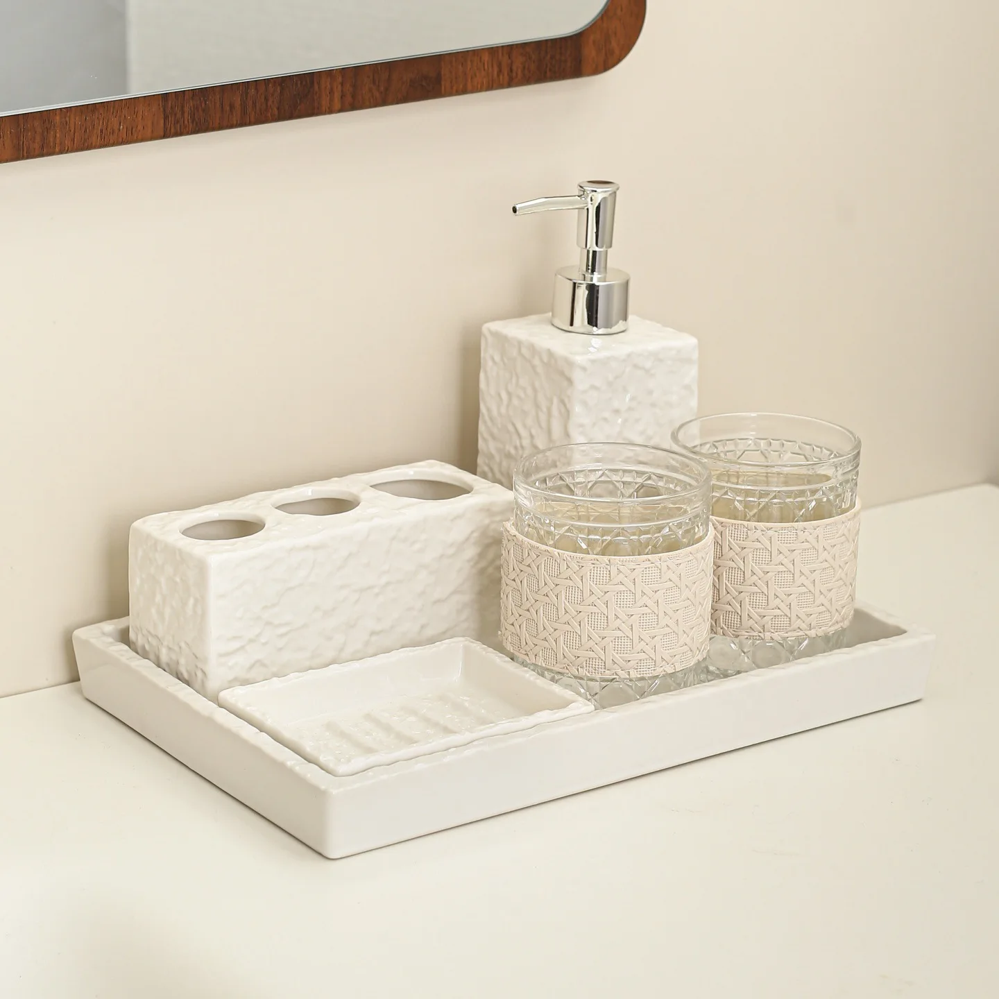 High‑end Bathroom Counter Storage Tray & Toothbrush Holder Set, Stylish Wash Cup Organizer for Sink Area