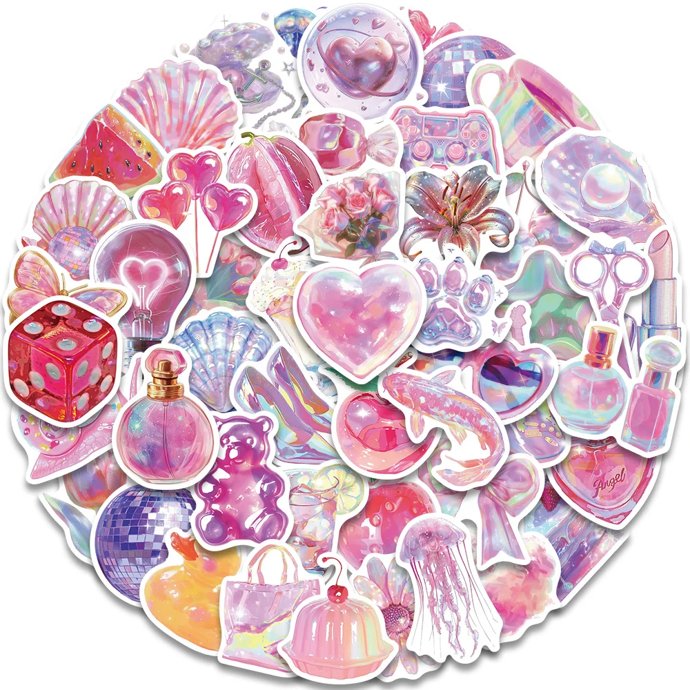 50PCS Pink Laser Fantasy Object Art Stickers Love Flower Fruit Shell Creative Decoration Guitar Scrapbook Phone Shell Water Cup