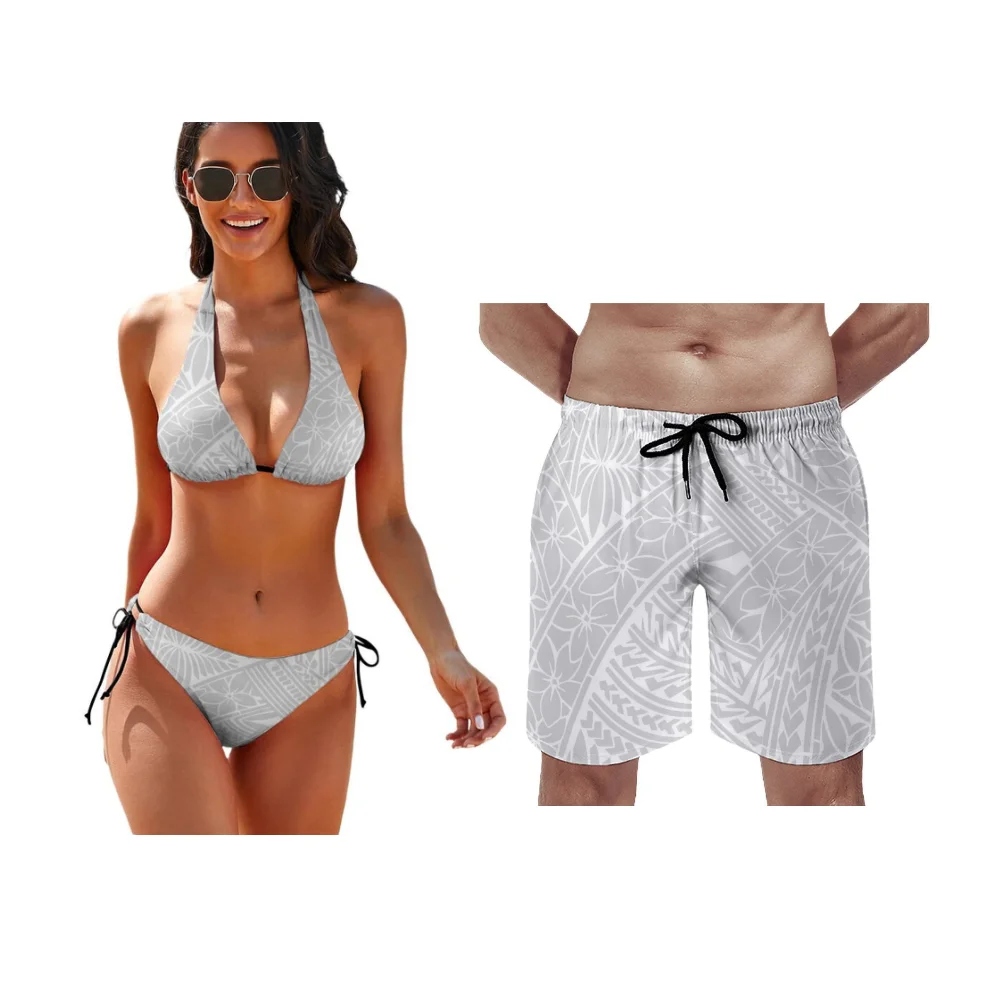 High-Quality Customizable Summer Seaside Couple Swimsuit Set Polynesian Neck-Wrap Style Ladies' Bikini Set Men'S Beach Shorts