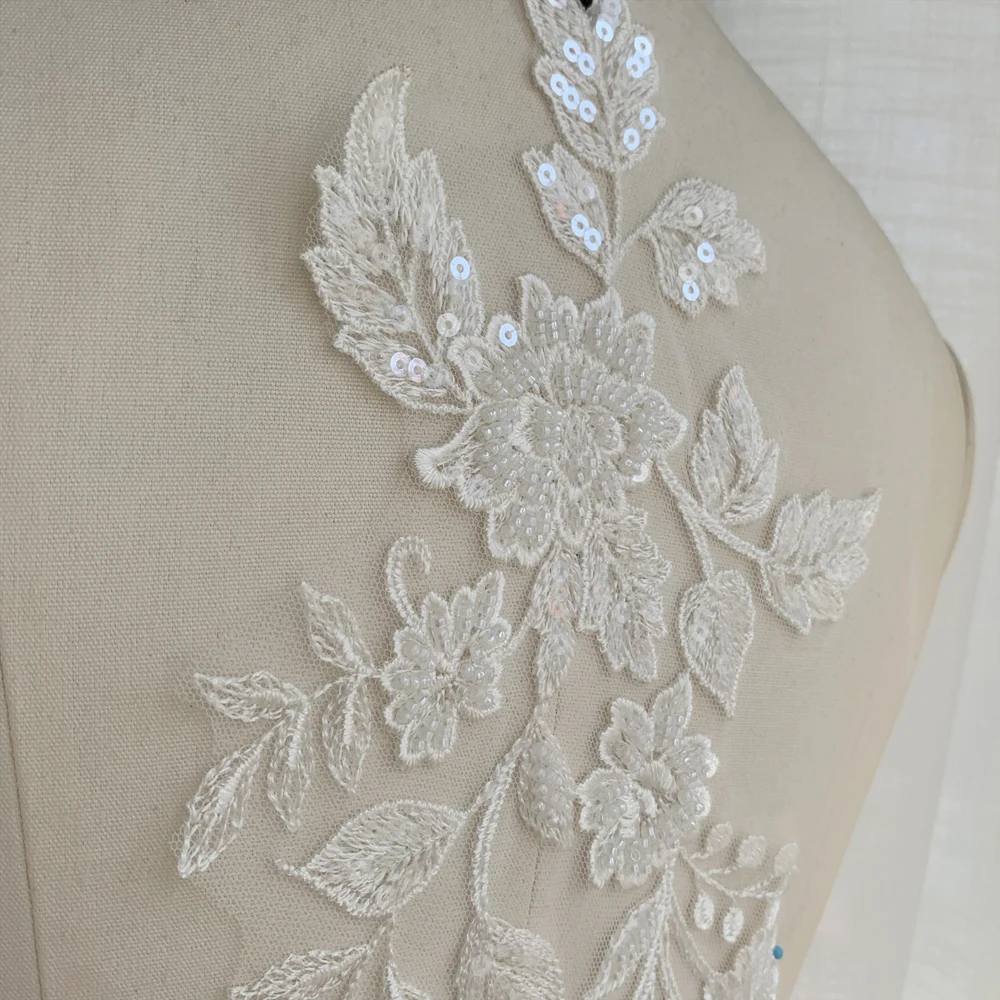 Perlenbestickte Spitze, Spiegelblumen-Applikation, Hochzeitskleid-Dekorationszubehör, Handgemachtes DIY – Detail 4