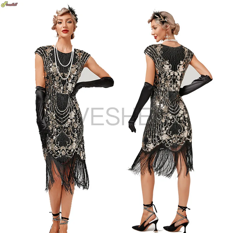 Women Cosplay 1920s Flapper Fringe Sequin Dress Retro Great Gatsby Charleston Prom Dress Party Dance Dress Beaded Toast Dress