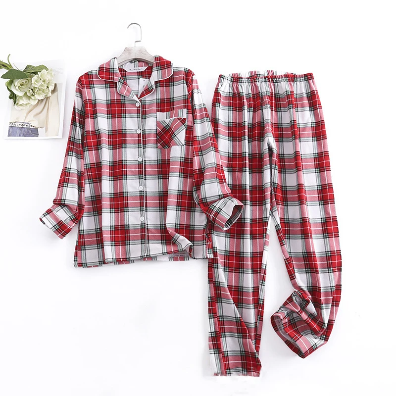 

Women's Plaid Print Casual Pajama Set Long-Sleeve Lapel Buttons Top With Pockets And Long Pants Comfortable Relaxed Fit Homewear