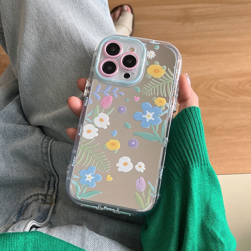 Mooie Bloemen Make-Up Spiegel Met Houder Standaard Case Voor Iphone 15 14 13 11 12 Pro Max Zachte Bumper Schokbestendige Hoes