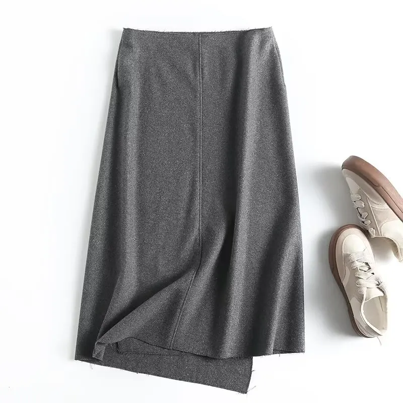 Jenny&Dave England Style Office Lady Fahsion Grey Color Asymmetrical Woolen Midi SKirts Women