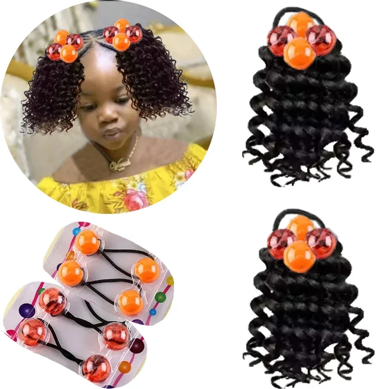 2PACKS Kid's Summer Afro Puff Kids Ponytail Afro Kinky Curly Hair Bun For Kids Natural Black Synthetic Hair 1B Curly-6Inch