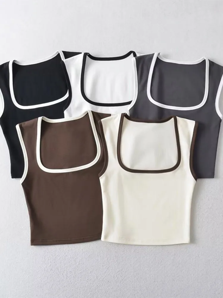 Woman Fashion Slim Solid Contrust Camis Casual Sleeveless Tanks Square Collar Crop Tops Clothing Streetwear Mujer 2024 Y2k