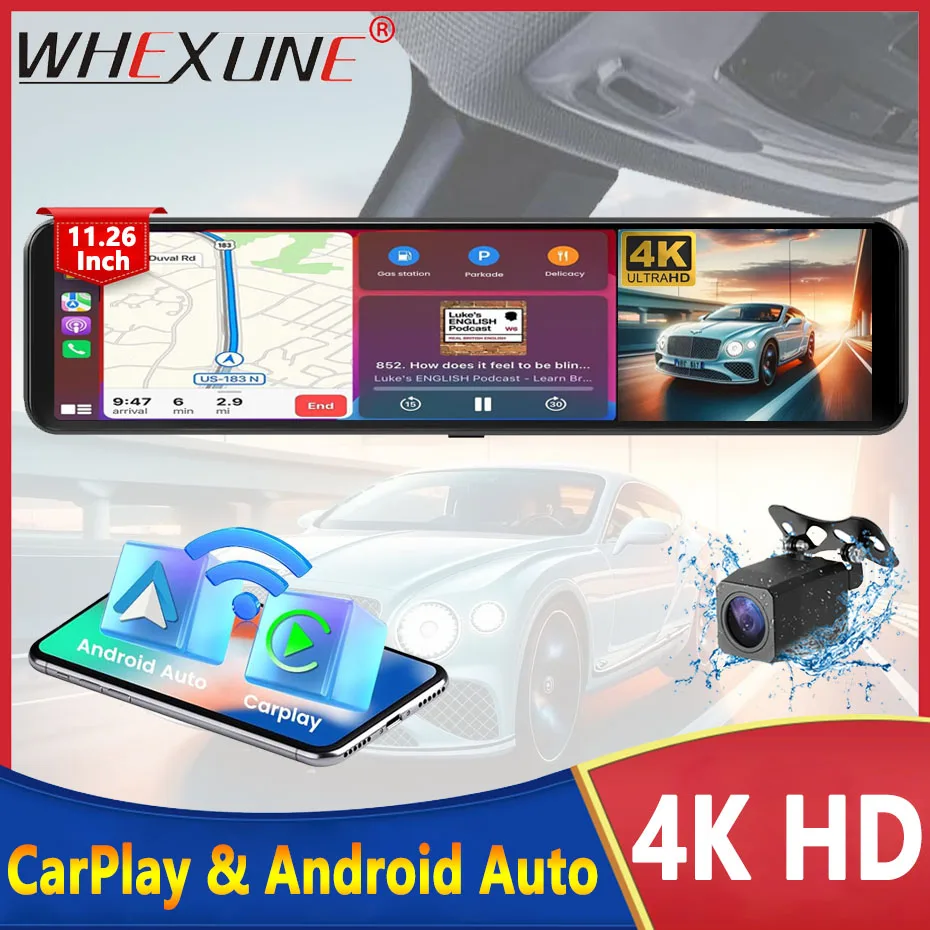 

11.26" 4K 2160P Car Dvr Carplay Android Auto Dash Cam GPS WIFI BT FM Stream Rear View Mirror Dashcam Dvrs Camera Drive Recorder