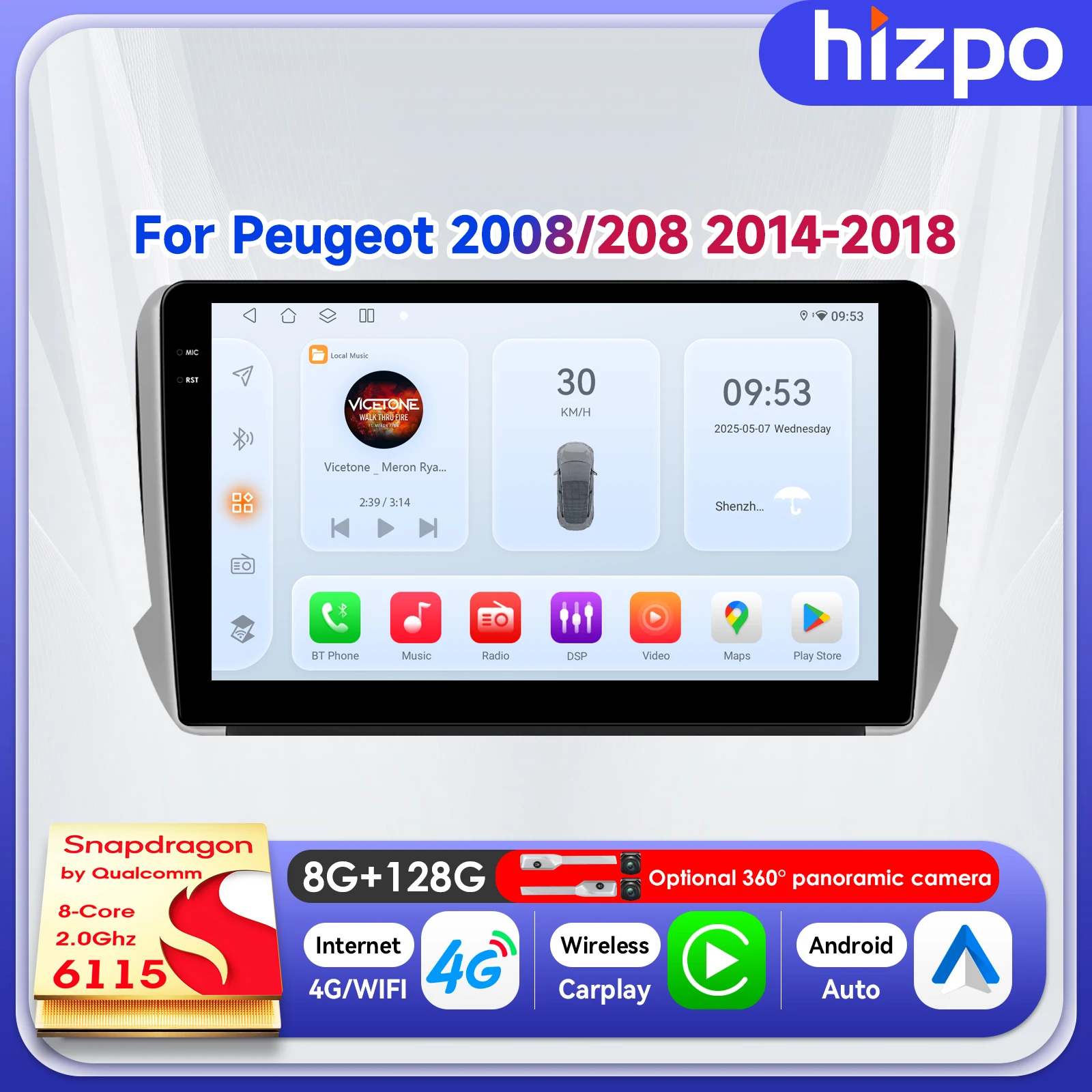 

Мультимедийная система Hizpo 10.1" для Peugeot 208 2008 2014-2018, Android 14, 2DIN автомагнитола с DSP, RDS, WiFi, 4G, SWC, GPS-навигацией, AI