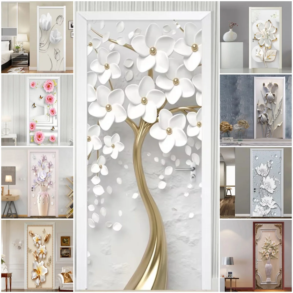 

3D Emboss Flower Door Stickers PVC Poster Art Wallpaper Home Decoration Apartment Elevator Refrigerator Art Door Stickers