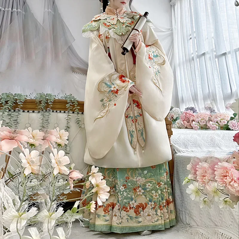 

NT115 Ming Hanfu женский 2024, новый весенний комплект с юбкой в форме лошади с облаками и плечами и рукавами-папами для тяжелой промышленности