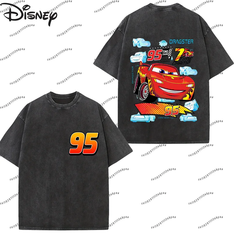 تي شيرت نسائي Lightning McQueen 95 Speed Zone تي شيرت Disney Pixar Car Movie 230G مغسول برقبة دائرية كاجوال موضة قصيرة الأكمام للرجال