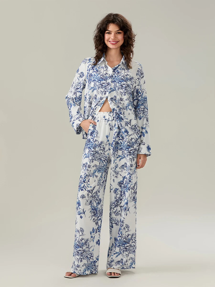 Women Floral Print Pajama Set Lapel Neck Button-up Long Sleeve Tops Long Pants 2-Piece Loungewear Outfit