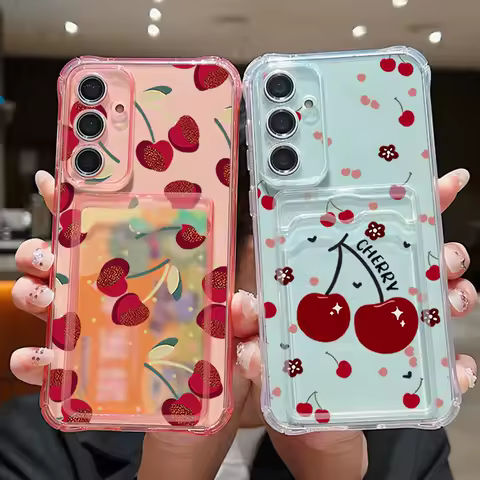 Red Cherry Pattern Card Bag Wallet Case For Samsung Galaxy S25 S22 S24 Ultra S23 FE A55 A56 A36 A35 A25 A15 A16 5G A06 TPU Cover
