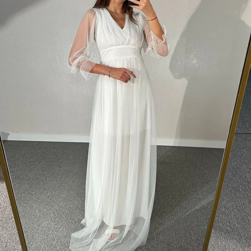 

Customized A-Line Evening Dresses Floor-Length V-Neck Full Sleeve Prom Gown Simple Fashion Draped Casual Party Gown