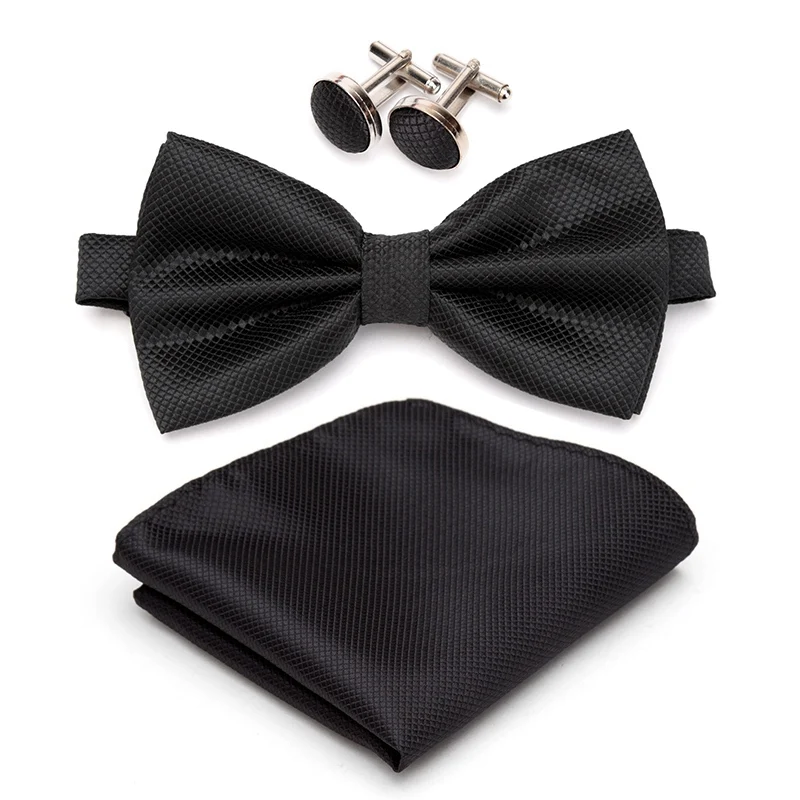 Men Bowtie Set 3pcs Plaids Classic Fashion Wedding Party Formal Cufflinks Bow Tie Handkerchief Cuff Links Lots Three Piece Set