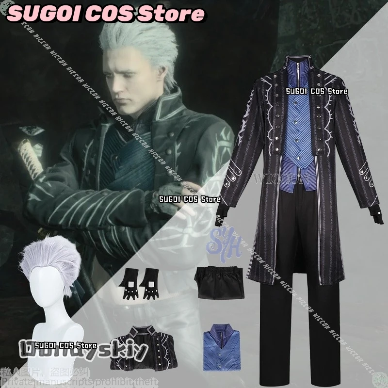 

Аниме-игра DMCC Косплей Костюм Вергила {SUGOI COS}Сполосатый винтажный плащ в стиле панк, готический стиль, рубашка, униформа, белый Хэллоуин