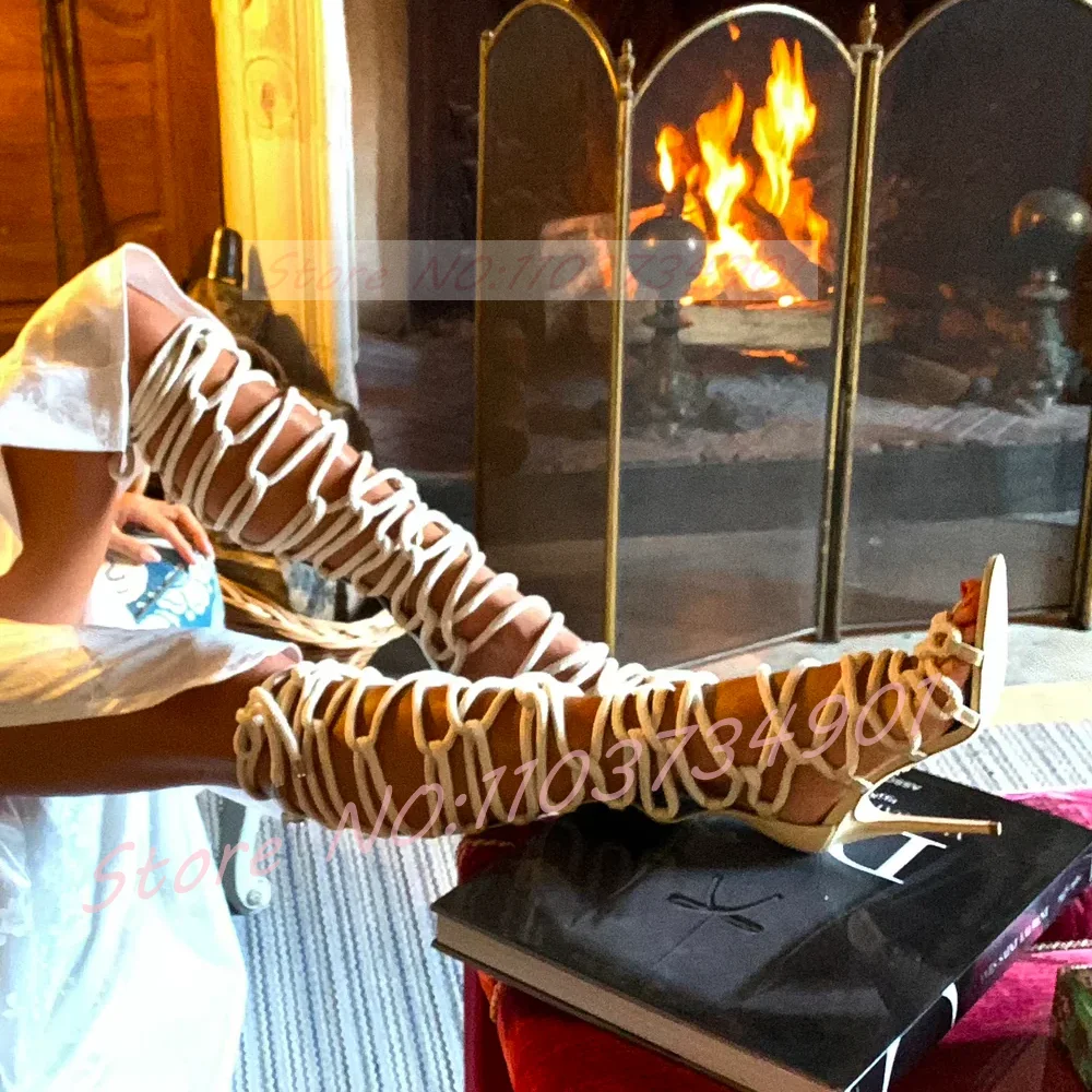 

Rope Lace-up Knee Sandals Women Cross Strap Gladiator White Suede Wrap Pointed Toe High Heels Shoes Female Luxury Sexy Sandals