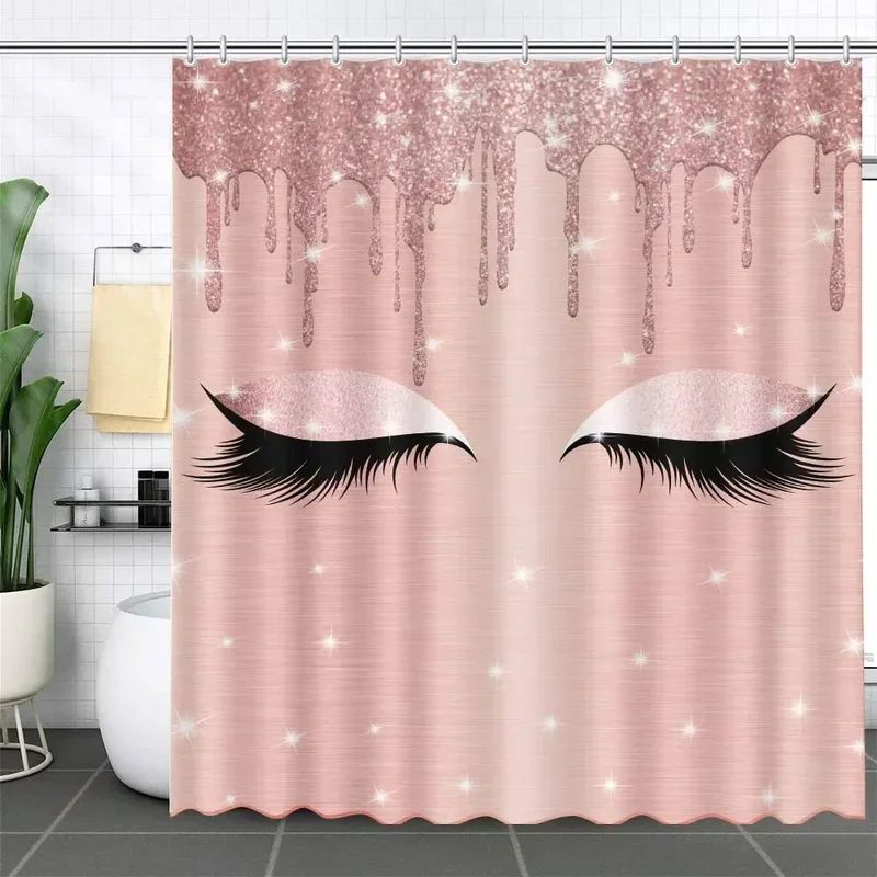 Dripping Shower Curtain(No Glitter) Spark Rose Gold Drips Makeup Lashes Gorgeous With Hooks Bathroom Decor Polyester Fabric