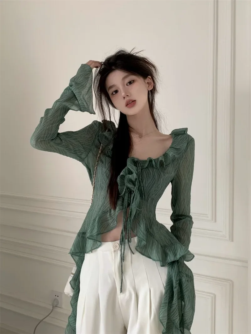 Ruffles Trim Green Chiffon T-shirts for Women Fashion Long Sleeve Slim Fitting Lace Up O-Neck Tops New Transparent Femal Shirts