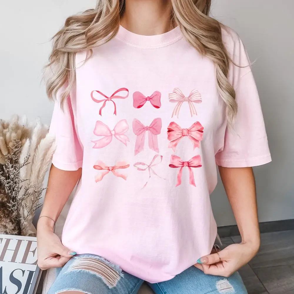 Bow T Shirt Cute Ribbon Shirt Pink Ribbon Bow Shirt Gift For Women Comfort Colors Clothes Gift for Mama 2024 Mothers Day Gift ﻿