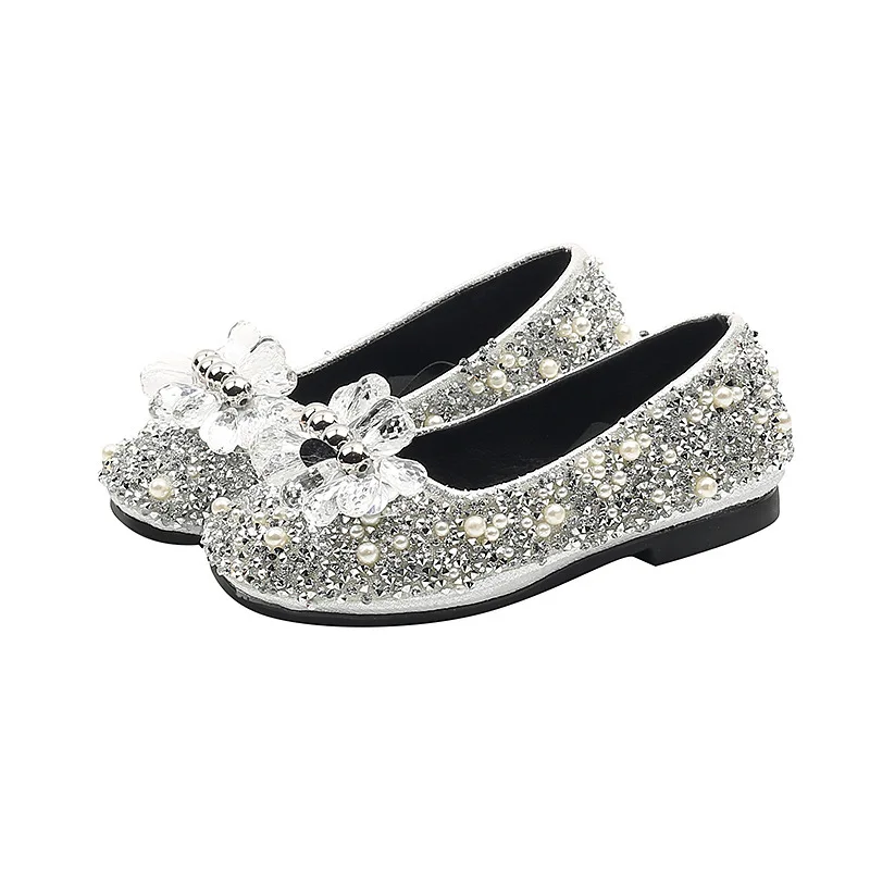 

2025 Spring Children Girls Flower Rhinestone Performance Dance Shoes Kids Toddler Princess Dance Flat Heels