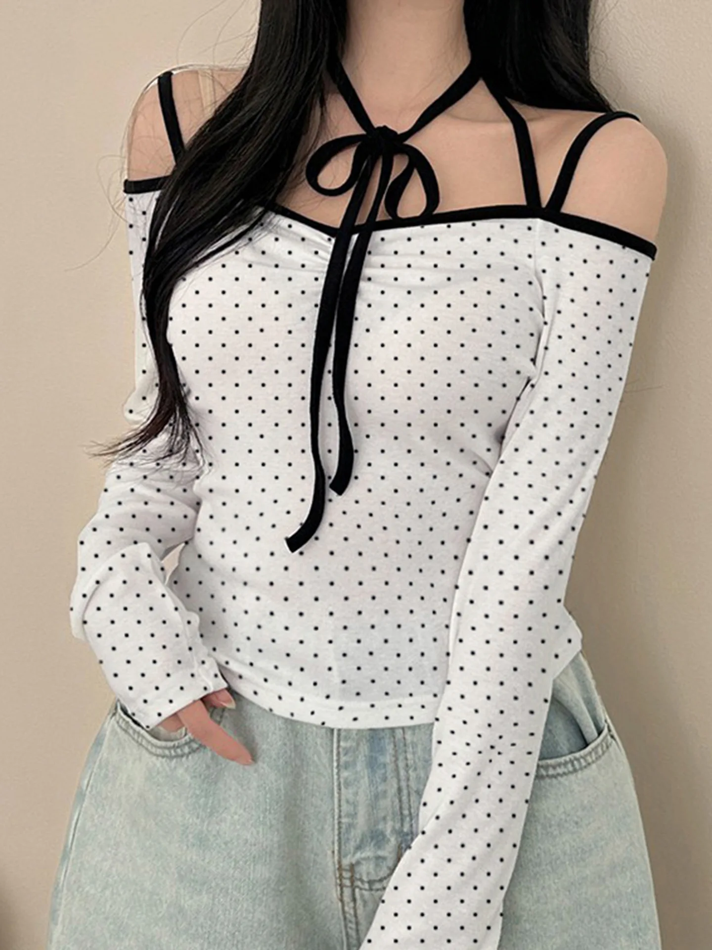 

Korobov Autumn Sweet All Match Slash Neck Off Shoulder Long Sleeve Polka Dot Slim Waist Fold T-Shirts