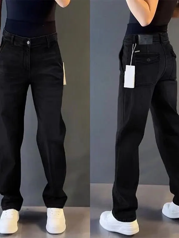 

Black Casual Loose American Style Men's Jeans Autumn Winter Straight Leg Vintage Retro Long Trousers Street Fashion