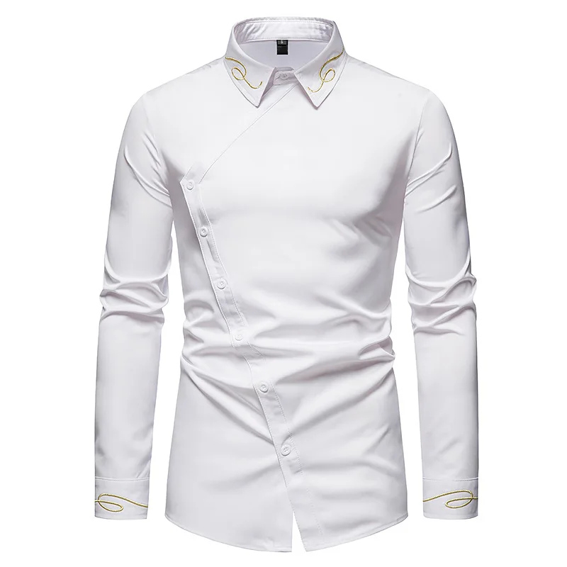 Men\'s Irregular Oblique Button Up Dress Shirts Streetwear Luxury Elegant Embroidery Business Shirt Chemise Homme Mens Blouses