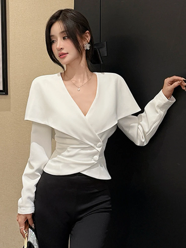 

Уличная одежда, модная официальная короткая куртка, женская элегантная женская куртка с большими лацканами, тонкое пальто со складками, верхняя одежда Femme, весна-осень, новинка в Корейском стиле