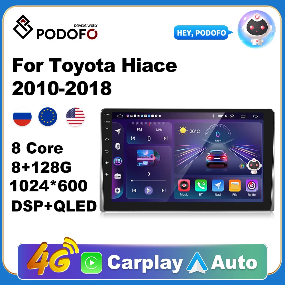 

Podofo Wireless CarPlay car stereo Car Radio For Toyota Hiace 2010-2018 Multimedia GPS 2din autoradio Bluetooth 8core WIFI 4G