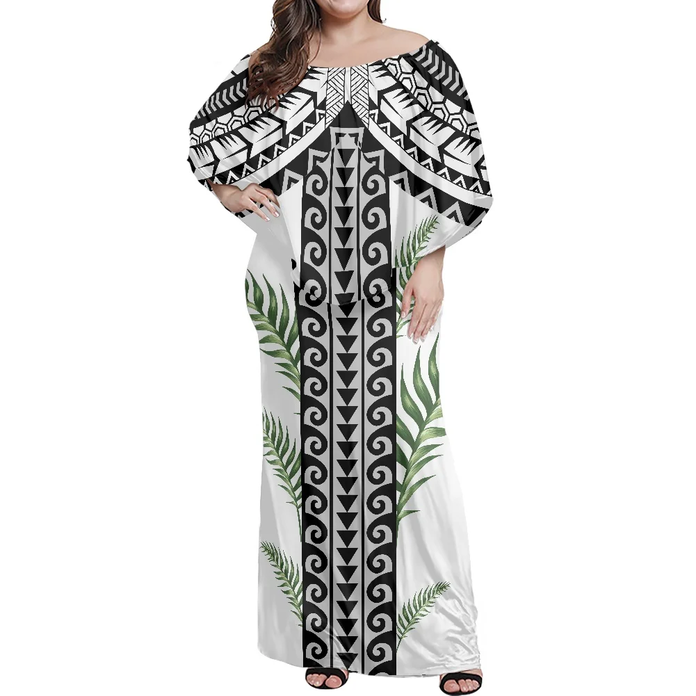 Elegant Women Plus Size Evening Dress Summer Off-The-Shoulder Sexy Long Skirt Samoa Tribal Red Printing Vintage Pattern Dress