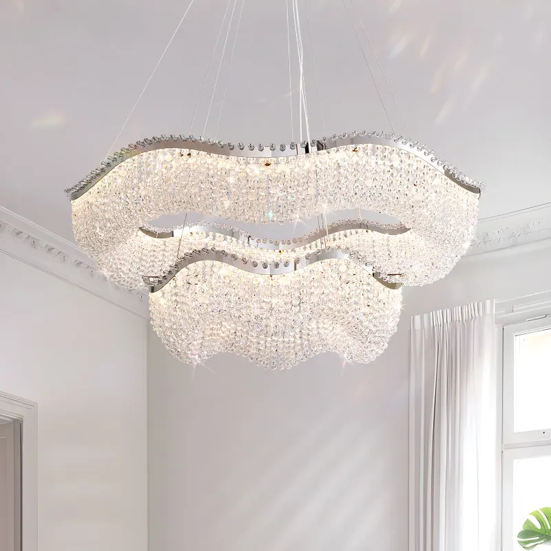 French Wave-Shaped Crystal Chandelier, Silver Ornate Fixture, Nostalgic Living Room Lighting, Art Deco Home Decor Lamp