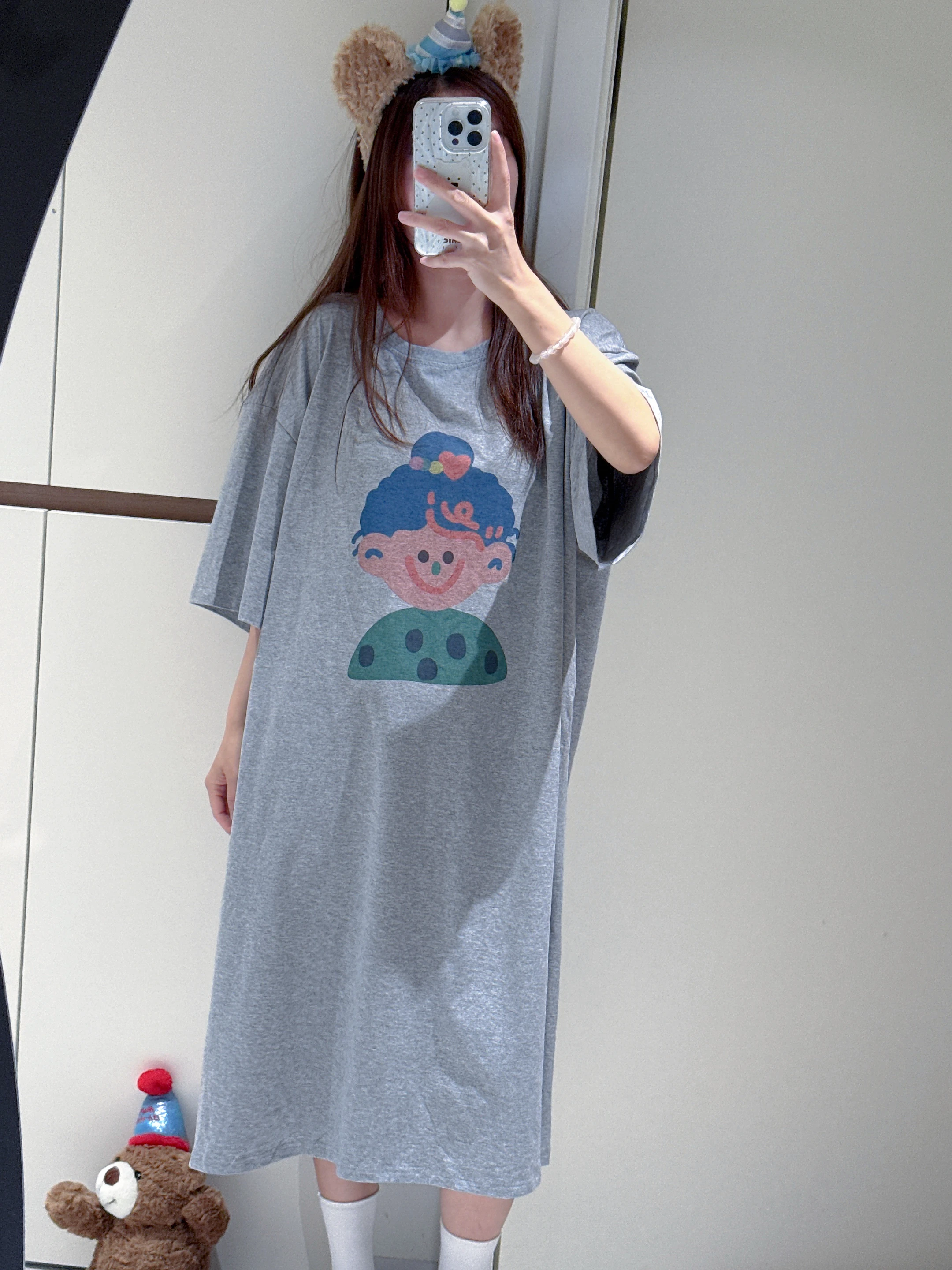 Cute Cartoon Print Short Sleeve Sleep Dress Women's Mid-Length plus Size Home Clothes Comfortable Breathable Summer Pyjamas