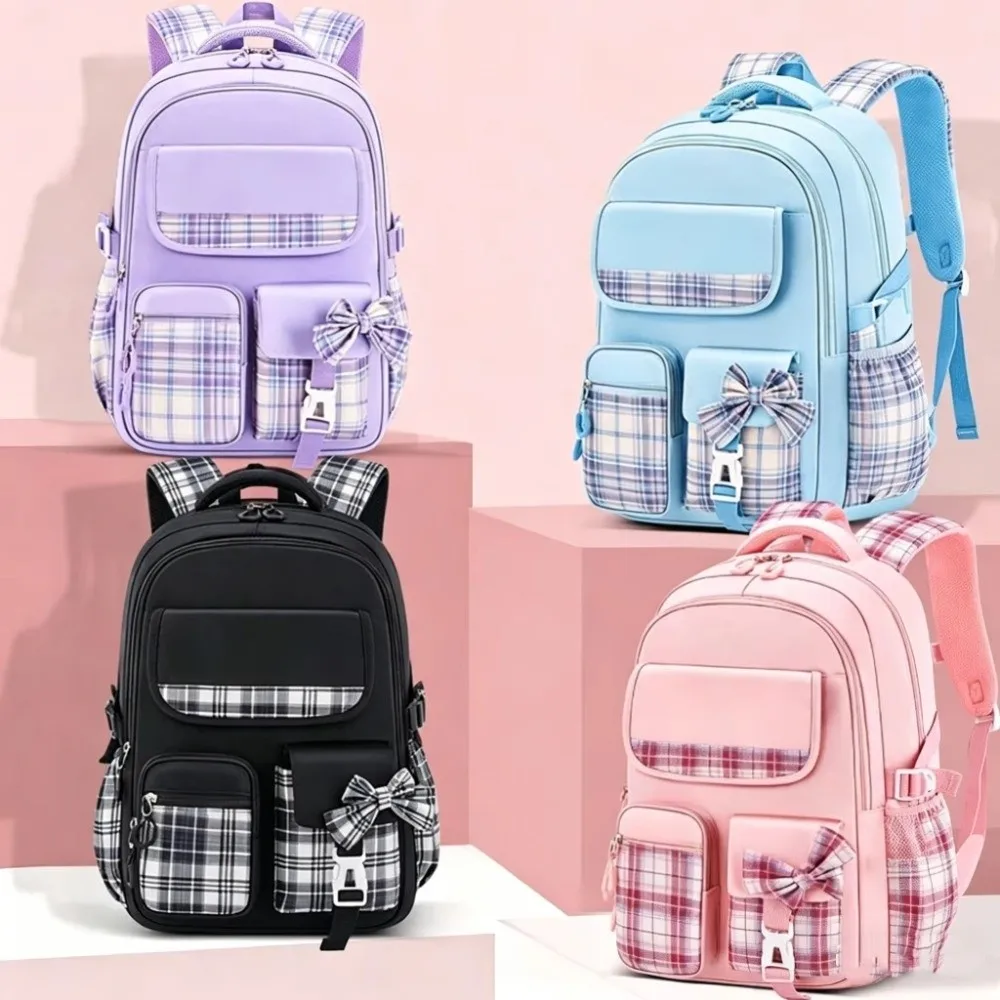 Spine Protection Large Capacity School Backpack Plaid Bow Backpack Checkered Waterproof Girls Backpack Bookbag