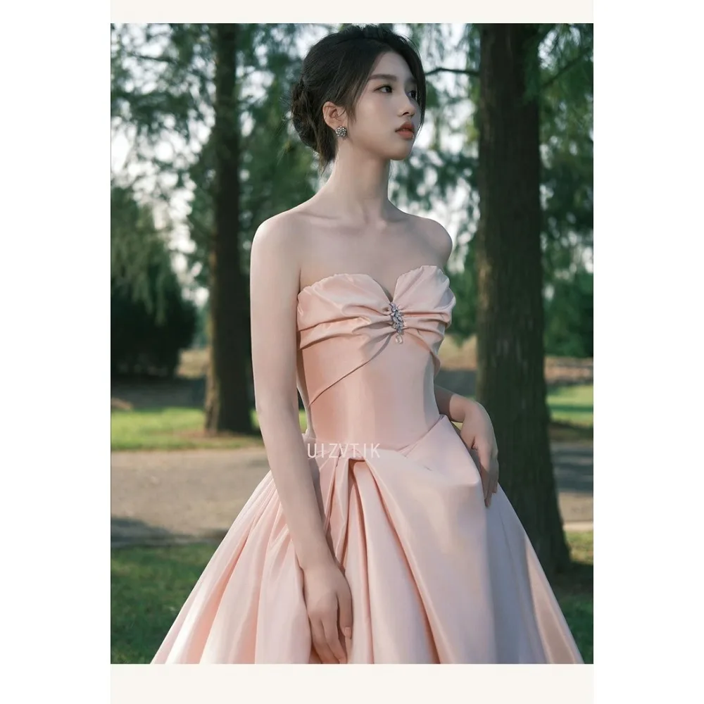 Элегантное розовое длинное вечернее платье трапециевидной формы без бретелек, атласные платья для выпускного вечера для девочек, платье принцессы Quinceanera, Vestidos De Gala Custom