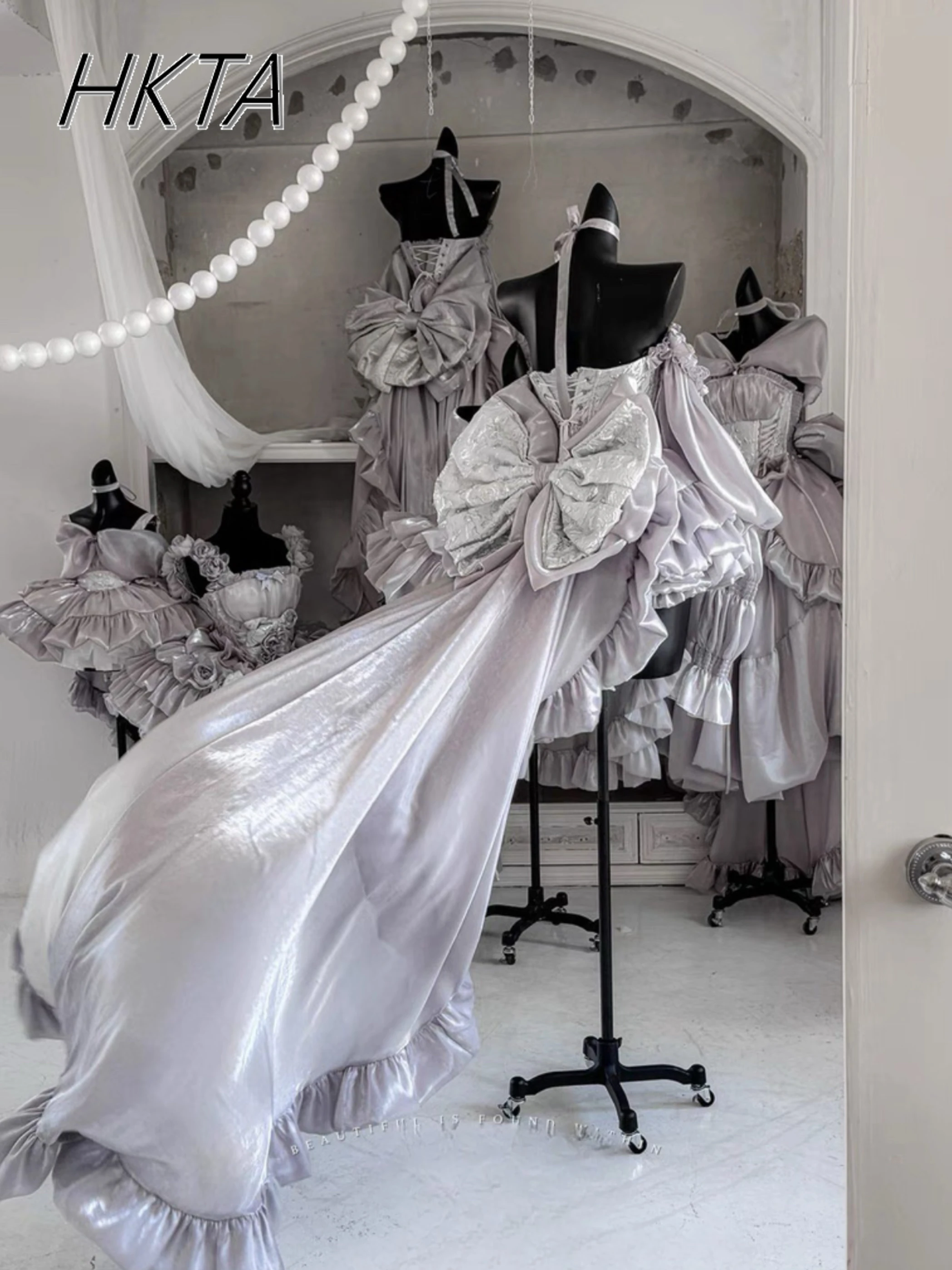 Lolita Elegant Tube Top Skirt Sets Trailing Silver White Princess Dresses Women Gorgeous Slim Waist Bow Birthday Ball Gown Dress
