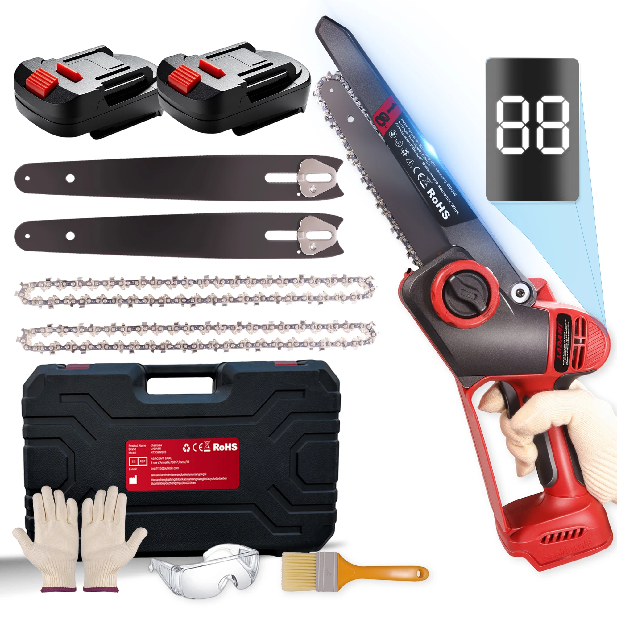 LADAMI Mini Kettingzaag 6 inch, Draadloze Kettingzaag met Automatische Olieer en Reserveketting, Handkettingzaag Batterij Compatibel met Makita, Einhell, 18V Batterijen voor Tuinscharen en