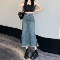 Women's Long Jeans Skirt High Waisted Fringe Denim Bag Skirt Retro High Waisted Fishtail Denim Skirt A-Line Loose Casual Skirt