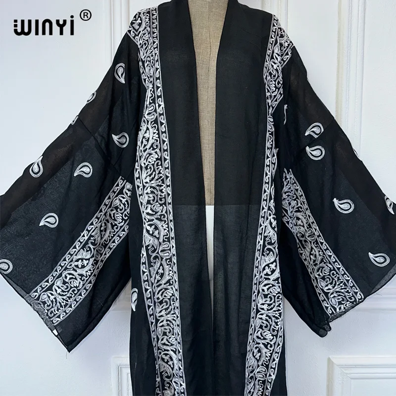 WINYI Embroidery Front cardigan Beach Cover Up Bohemian All-match Sexy comfortable perspective home coat Holiday Kimono dress