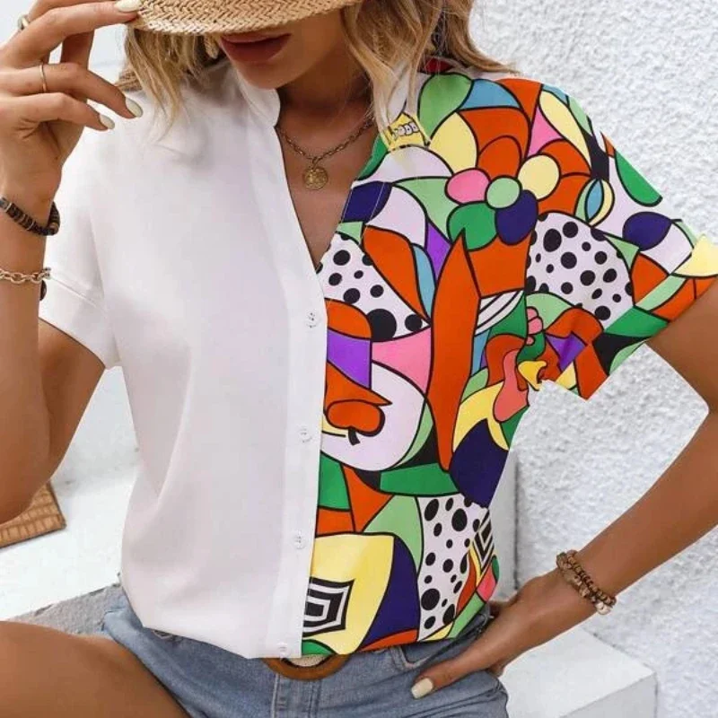 

2024 New Summer Short Sleeve Blouse Women Tops Fashion Patchwork Color Shirt V-neck Casual Loose Clothes Blusa Mujer 26456