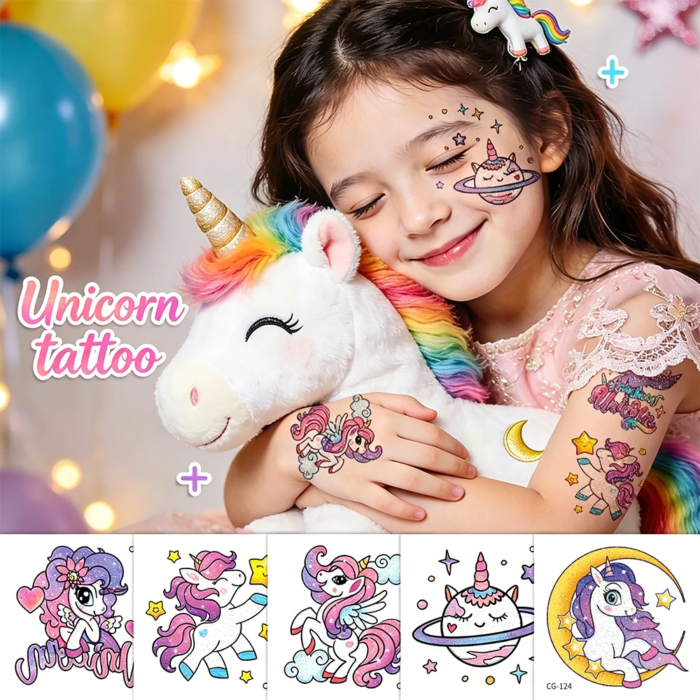 Glitter Small Unicorn Temporary Tattoo Stickers Cartoon Rainbow Horse Pattern Birthday Party Favors,Gifts,Stocking Stuffer