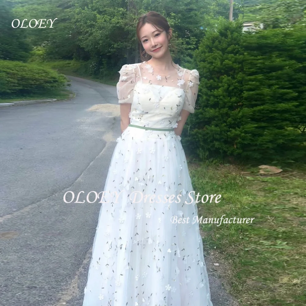 

OLOEY Print Evening Dress A line O Neck Puff Sleeve Korea Wedding Photo Shoot Dress Corset Long Party Customized Fairy