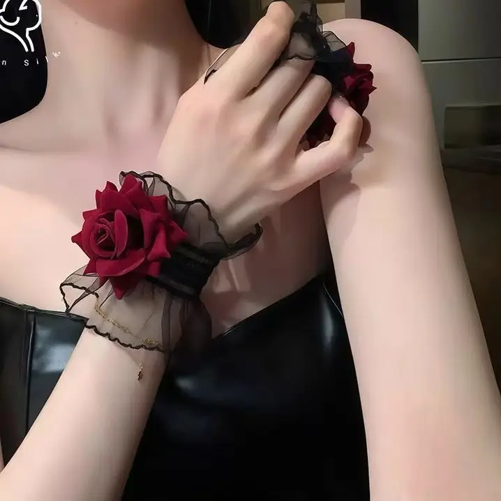 lace bracelet Gothic Ruffle Lace Red Rose Wristbands Lolita Charm Bracelets Flower Mesh Hand Ornaments Lace Wristbands Accessori