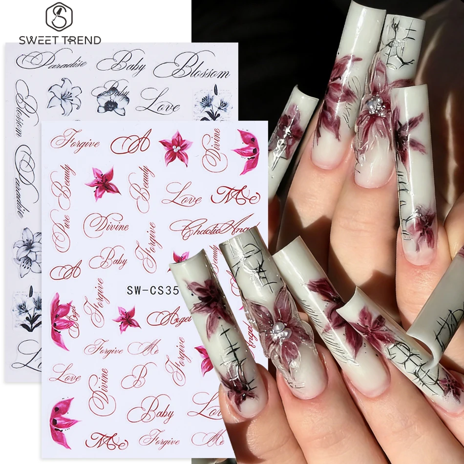 2 Stück elegante Blumen-Nagelaufkleber, schwarz, rot, Buchstaben, Tintenstil, Lilien-Blumenmuster, selbstklebende Nagelaufkleber, DIY-Maniküre-Dekor, Nagelzubehör