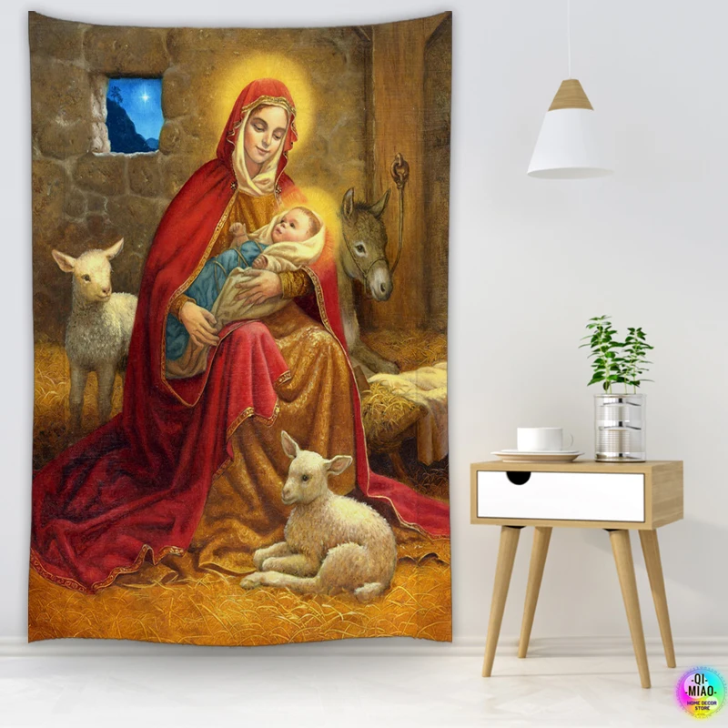 Christmas Tapestry Nativity Scene Wall Hanging Jesus Angel Easter Wall Decor Christ Tapestries Birth Manger Krippen Decoration - Image 4