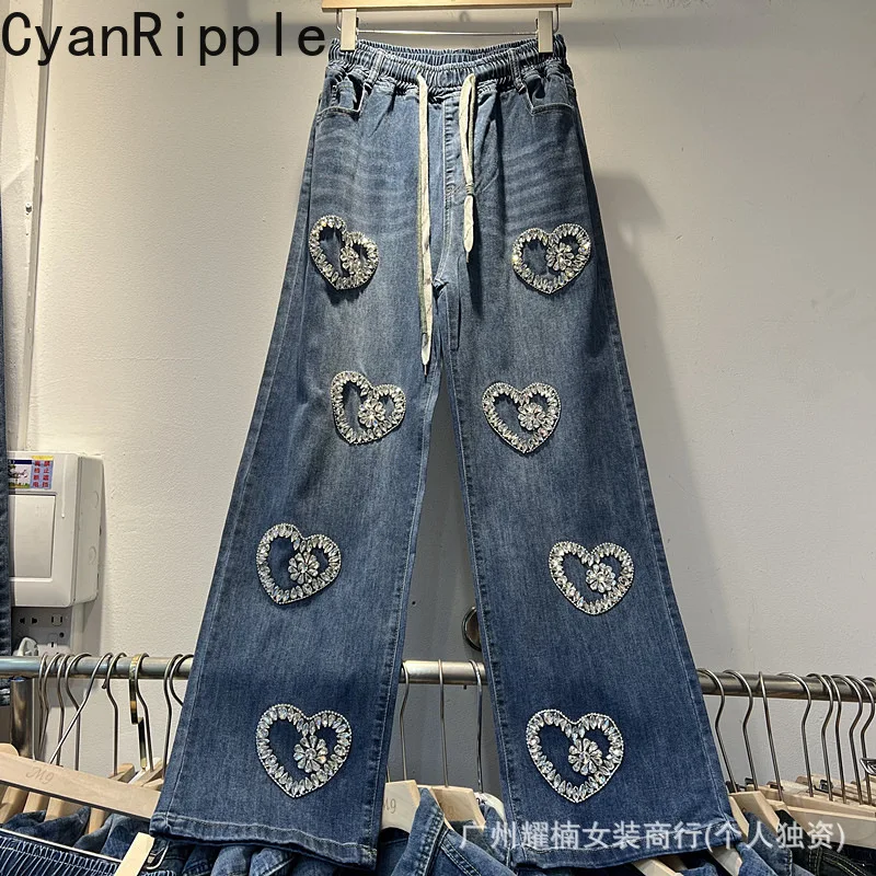 Fashionable New Autumn Loose Women Denim Trousers All-match Love Patterns Diamonds Elastic Waist Wide Leg Pants Straight Jeans